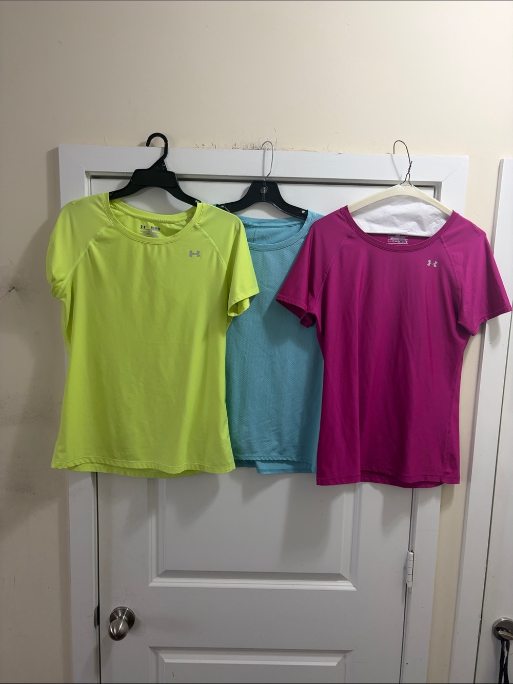 3 Under Armour Women's Short Sleeve - Neon Yellow, Aqua Blue, Fuchsia medium